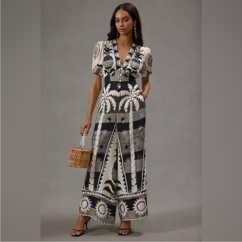 FARM Rio x Anthropologie Puff Sleeve Linen Jumpsuit - NWT
